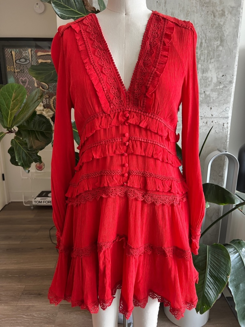 All Saints Red Long Sleeve Ruffle Lace V-Neck Dress